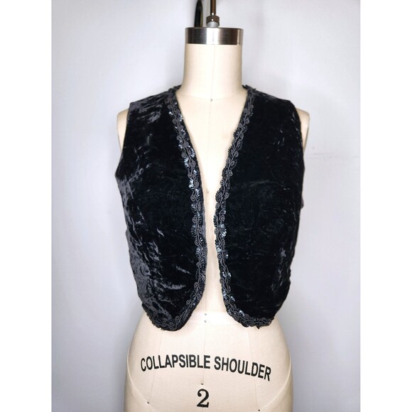 Vintage Black VELVET Vest Cropped by ARTBRO Black Velvet Bolero Vest Sequined XS - Picture 2 of 10